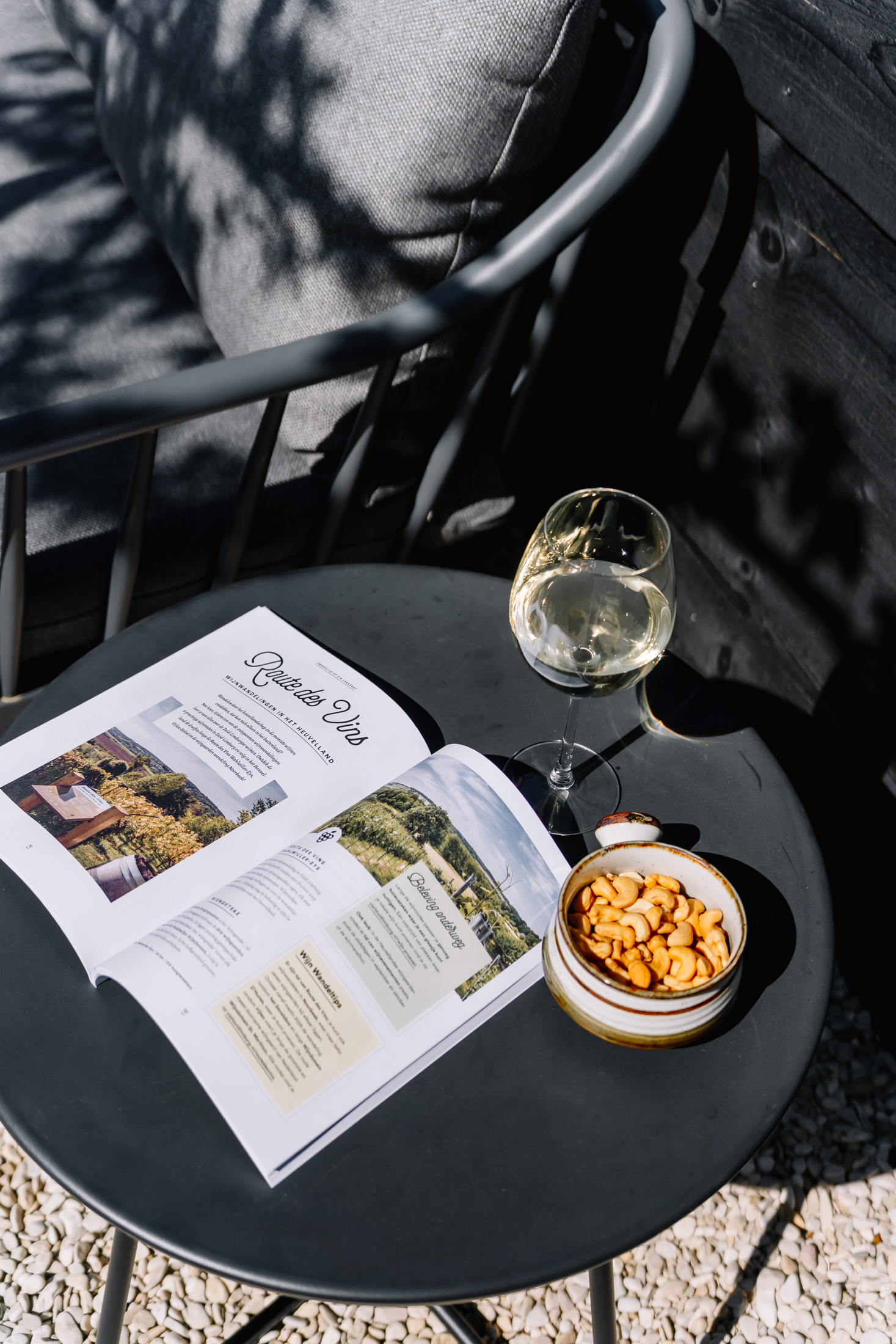 Loungebank met glas wijn, nootjes en tijdschrift in boventuin van de bed and breakfast